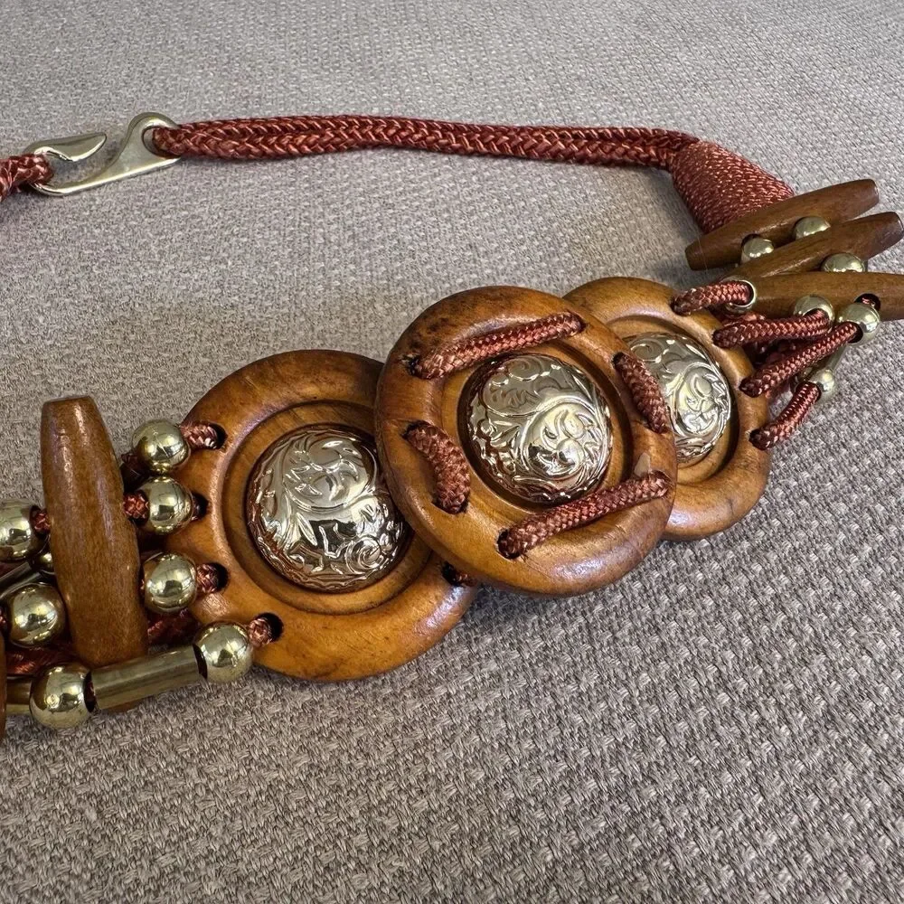 VTG Braided Rope Belt Macrame Woven Boho Style Wood Beads Gold 80s Vibe 545